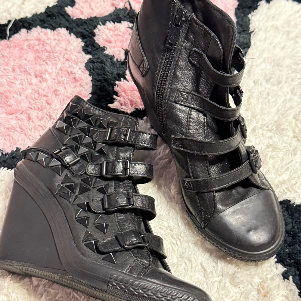Ash Limited Thelma Black Leather Studded Wedge Sneakers 39